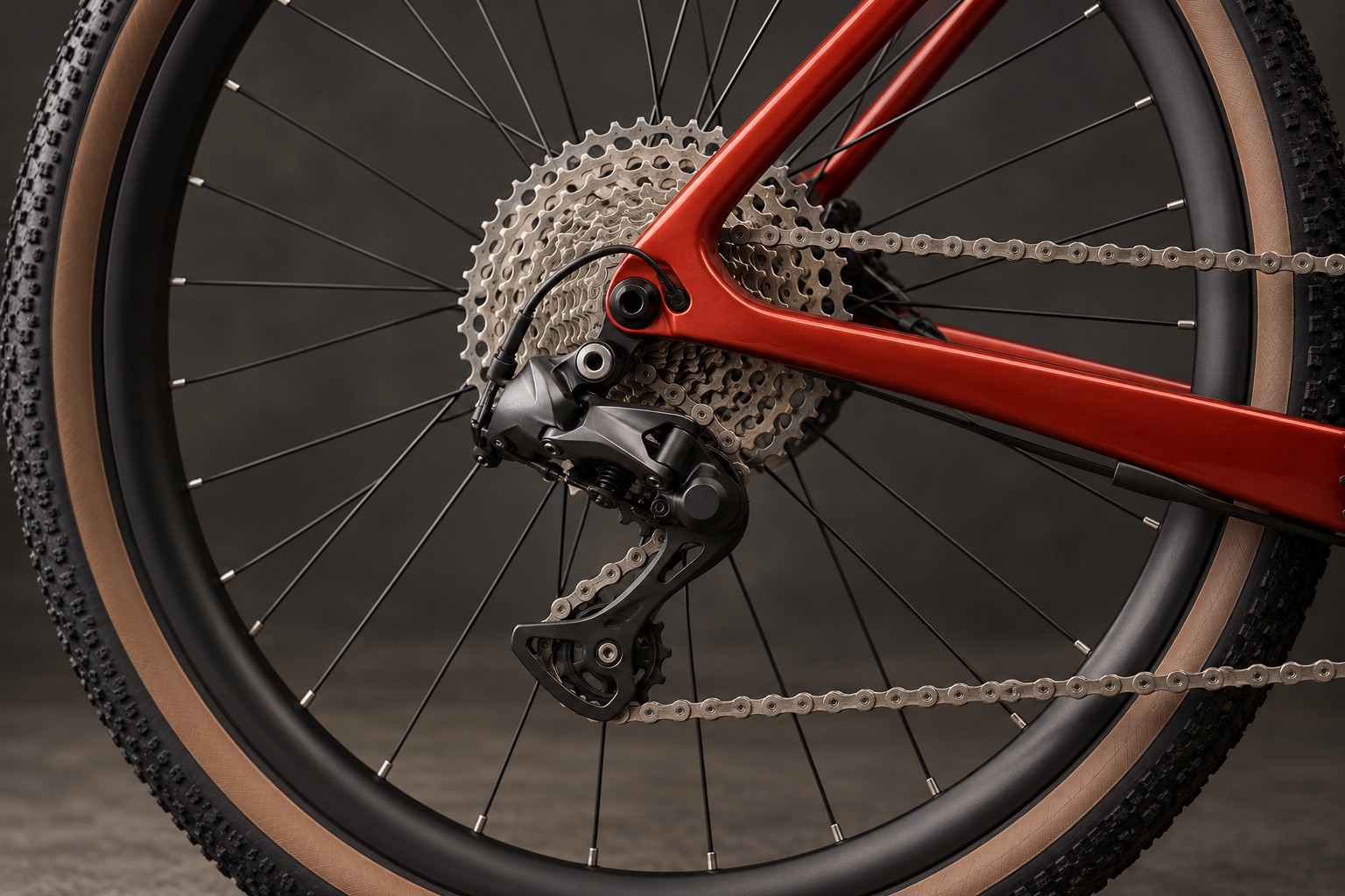 Illustrative close-up of a bicycle cassette, chain and red frame